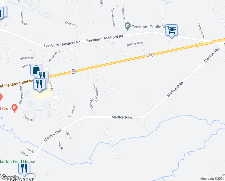 map of restaurants, bars, coffee shops, grocery stores, and more near 1508 Squirrel Road in Evesham Township
