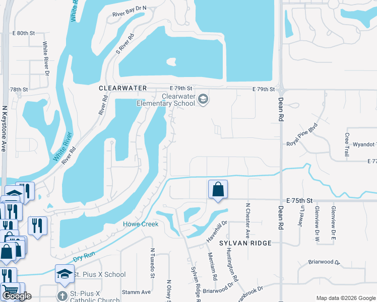 map of restaurants, bars, coffee shops, grocery stores, and more near 3620 East 77th Street in Indianapolis