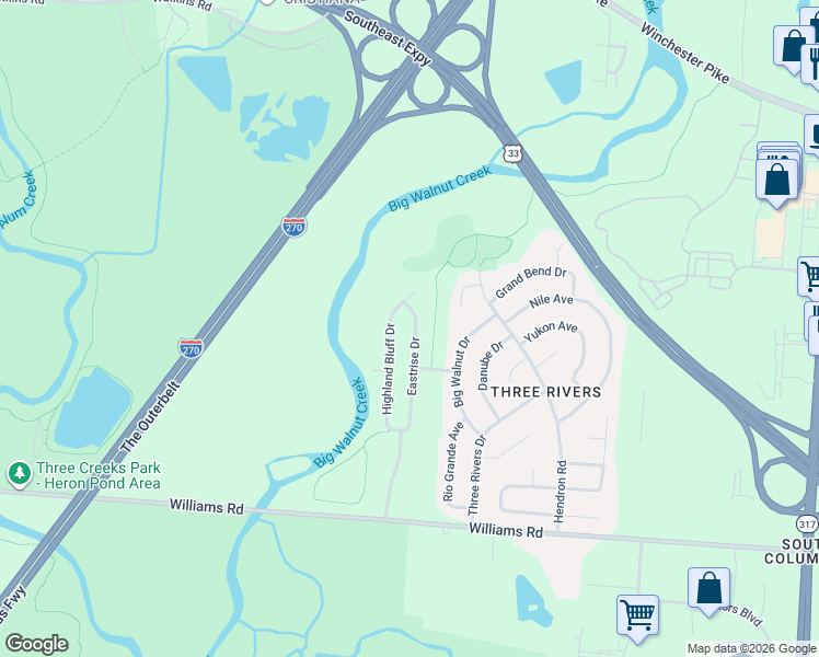 map of restaurants, bars, coffee shops, grocery stores, and more near 3843 Eastrise Drive in Groveport