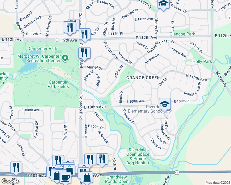 map of restaurants, bars, coffee shops, grocery stores, and more near 4301 East 109th Avenue in Thornton