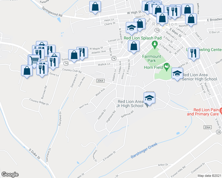 map of restaurants, bars, coffee shops, grocery stores, and more near 208 Linden Avenue in Red Lion