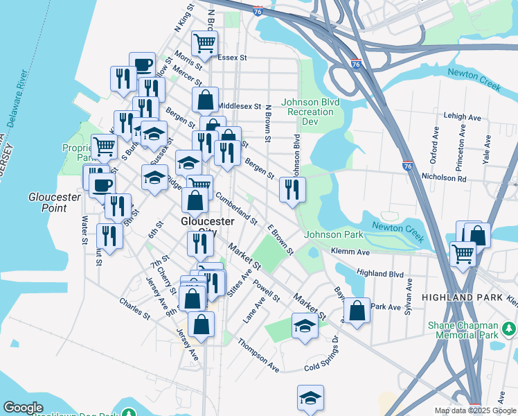 map of restaurants, bars, coffee shops, grocery stores, and more near 837 Little Somerset Street in Gloucester City
