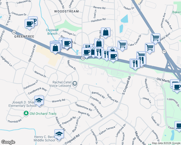 map of restaurants, bars, coffee shops, grocery stores, and more near 126 Aspen Court in Evesham