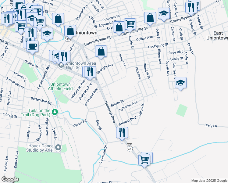 map of restaurants, bars, coffee shops, grocery stores, and more near 75 Hickle Street in Uniontown