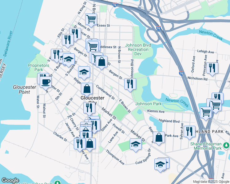 map of restaurants, bars, coffee shops, grocery stores, and more near 837 Little Somerset Street in Gloucester City
