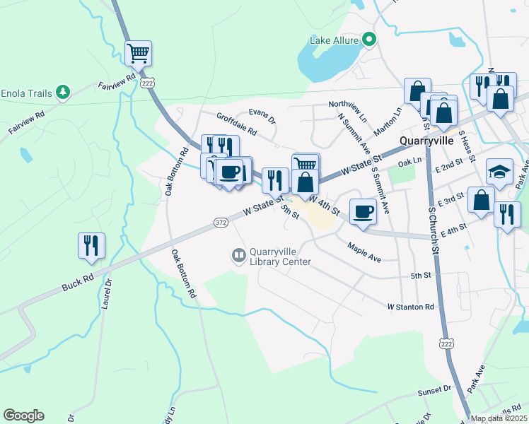 map of restaurants, bars, coffee shops, grocery stores, and more near 323 West State Street in Quarryville