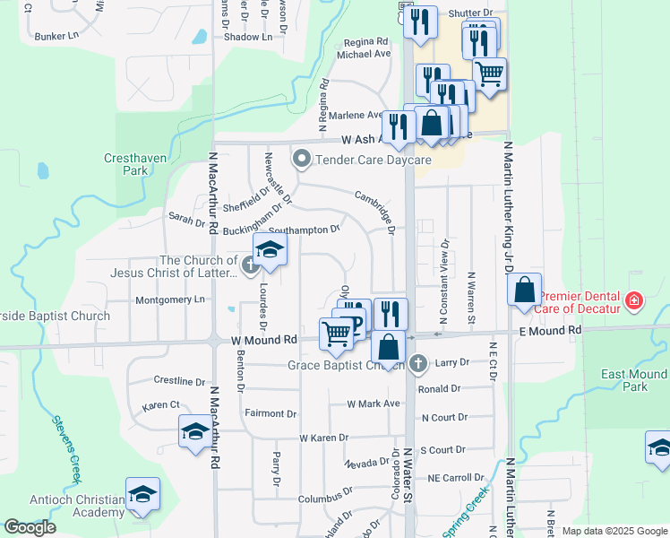 map of restaurants, bars, coffee shops, grocery stores, and more near 300 West Mound Road in Decatur