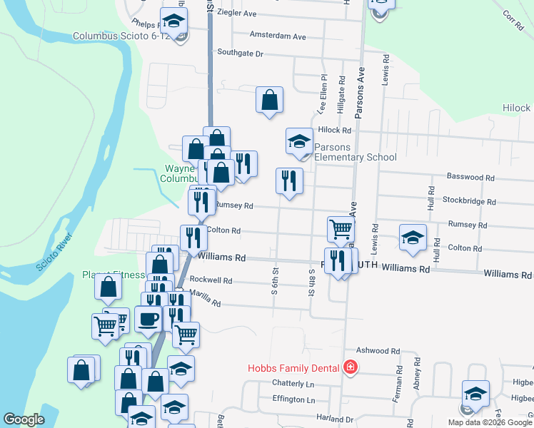 map of restaurants, bars, coffee shops, grocery stores, and more near 131 Rumsey Road in Columbus