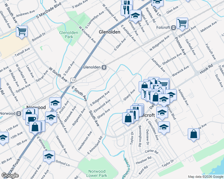 map of restaurants, bars, coffee shops, grocery stores, and more near 319 South Ridgeway Avenue in Glenolden