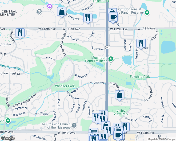 map of restaurants, bars, coffee shops, grocery stores, and more near 3403 West 109th Circle in Westminster