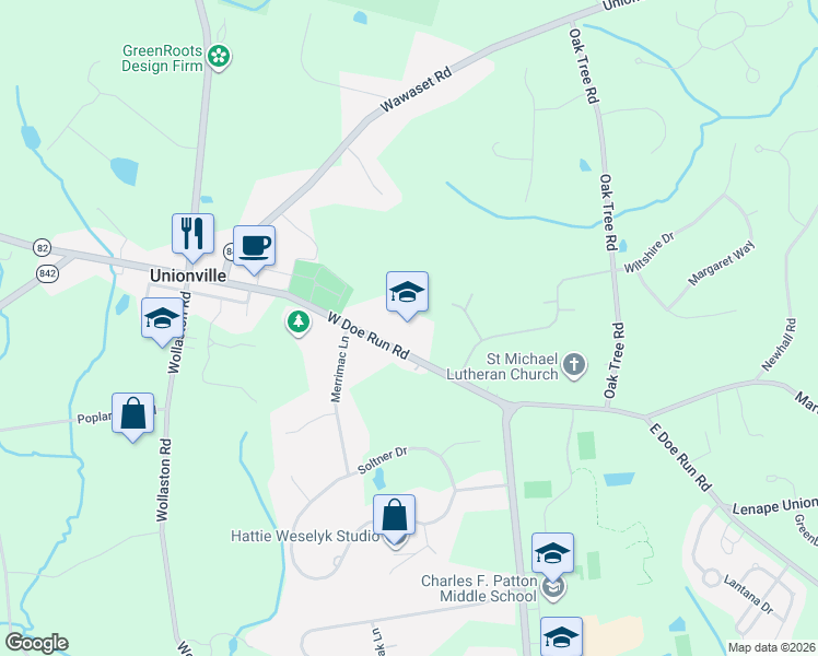 map of restaurants, bars, coffee shops, grocery stores, and more near 1775 West Doe Run Road in Kennett Square