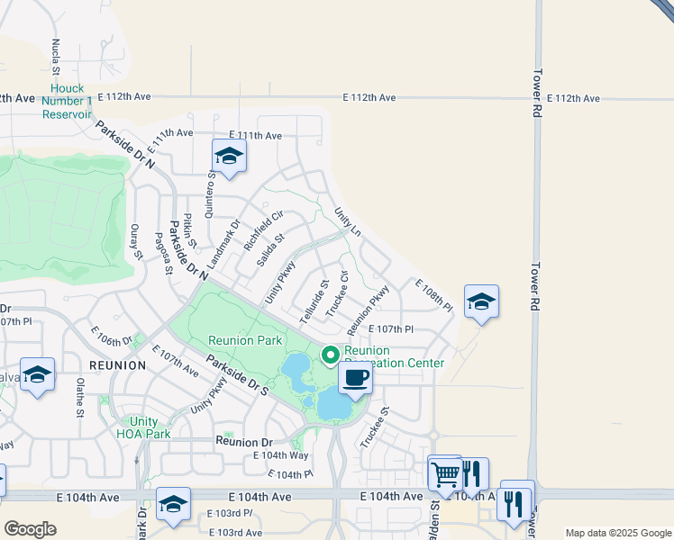 map of restaurants, bars, coffee shops, grocery stores, and more near 10837 Truckee Circle in Commerce City
