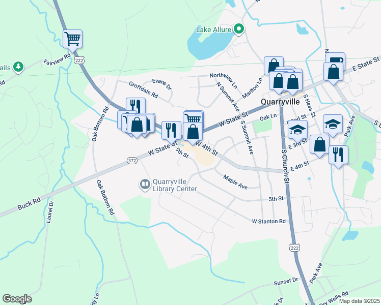 map of restaurants, bars, coffee shops, grocery stores, and more near 322 5th Street in Quarryville