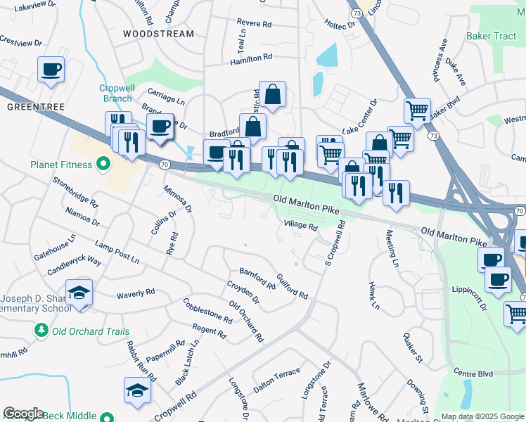 map of restaurants, bars, coffee shops, grocery stores, and more near 200 Empress Court in Evesham