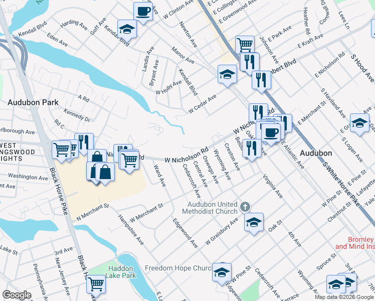 map of restaurants, bars, coffee shops, grocery stores, and more near 14 Village Court in Audubon
