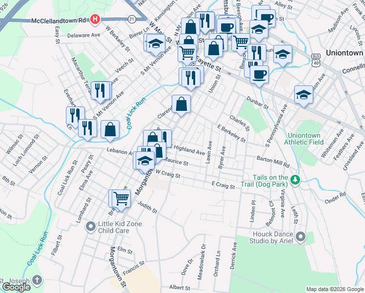 map of restaurants, bars, coffee shops, grocery stores, and more near 70 West Highland Avenue in Uniontown