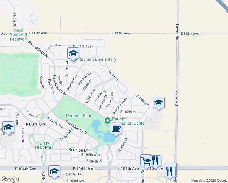 map of restaurants, bars, coffee shops, grocery stores, and more near 10837 Truckee Circle in Commerce City