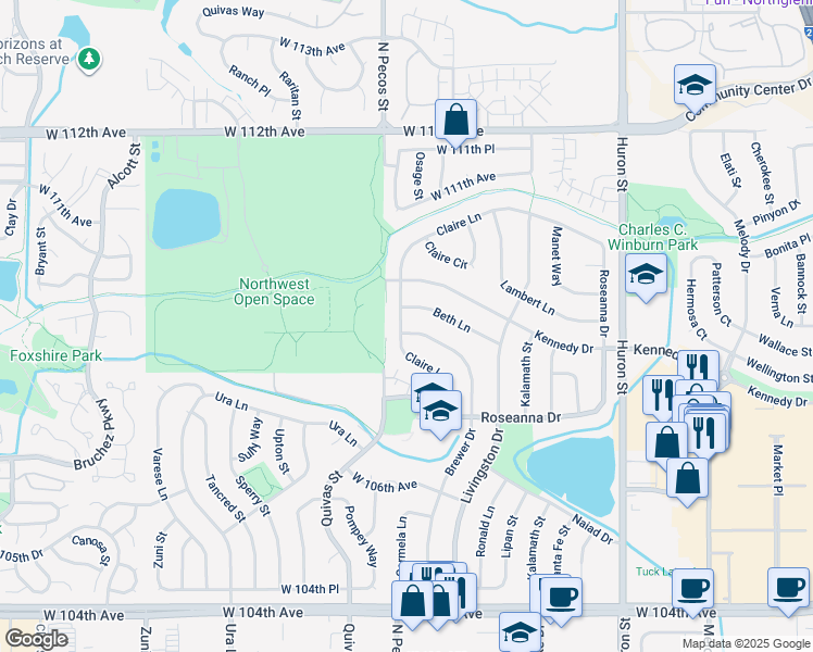 map of restaurants, bars, coffee shops, grocery stores, and more near 1442 Beth Lane in Northglenn