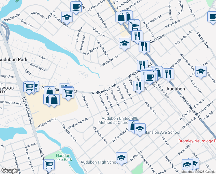 map of restaurants, bars, coffee shops, grocery stores, and more near 29 Village Court in Audubon
