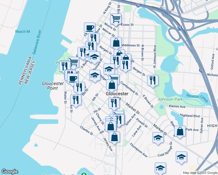 map of restaurants, bars, coffee shops, grocery stores, and more near 142 Joy Street in Gloucester City
