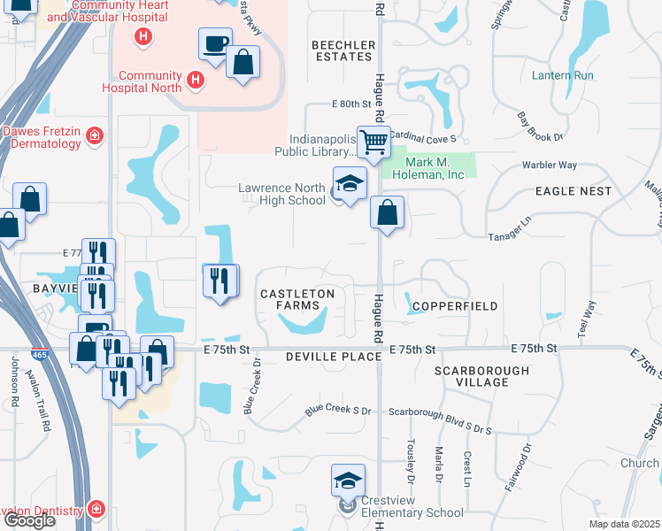 map of restaurants, bars, coffee shops, grocery stores, and more near 7524 Castleton Farms North Drive in Indianapolis
