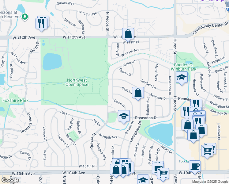 map of restaurants, bars, coffee shops, grocery stores, and more near 1442 Beth Lane in Northglenn
