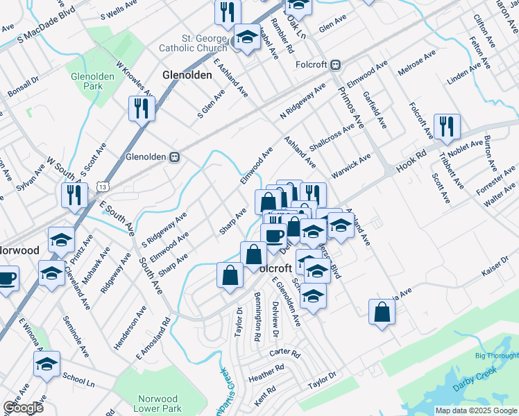 map of restaurants, bars, coffee shops, grocery stores, and more near 109 Sharp Avenue in Glenolden