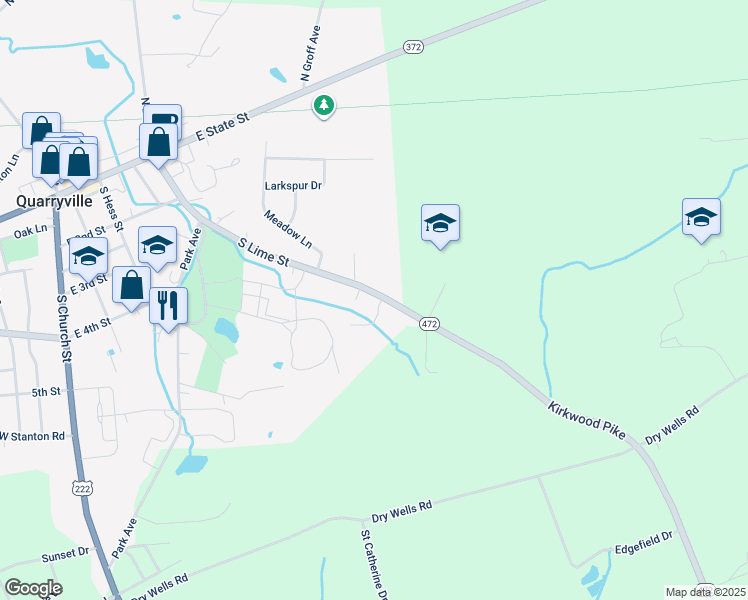 map of restaurants, bars, coffee shops, grocery stores, and more near 240 South Lime Street in Quarryville