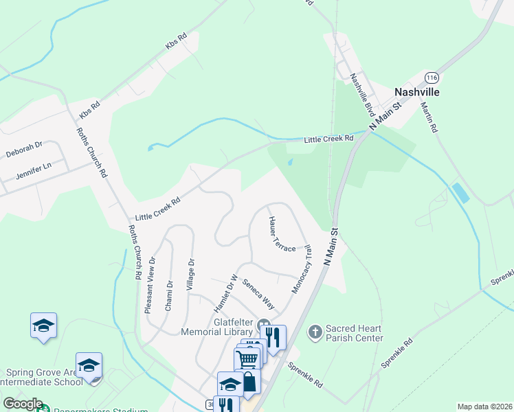 map of restaurants, bars, coffee shops, grocery stores, and more near 562 Monocacy Trail in Spring Grove