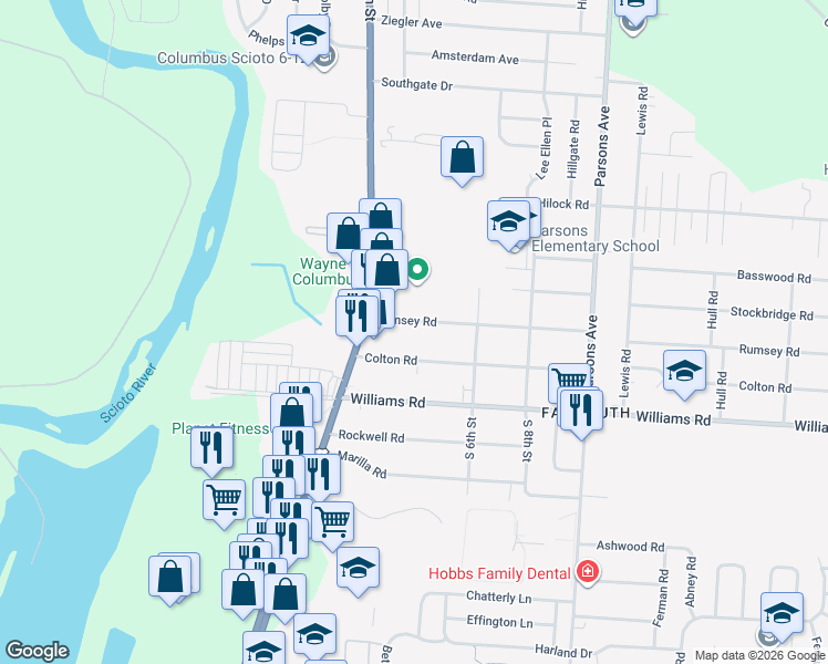 map of restaurants, bars, coffee shops, grocery stores, and more near 83 Rumsey Road in Columbus