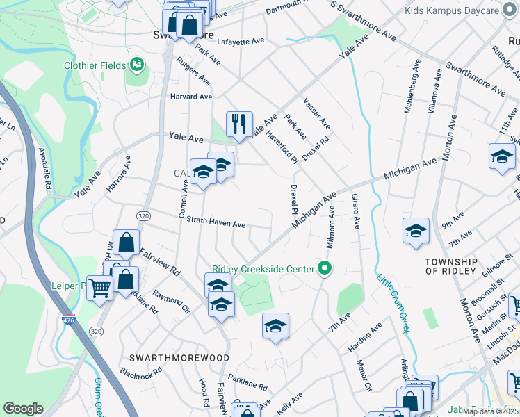 map of restaurants, bars, coffee shops, grocery stores, and more near 404 Drew Ave in Swarthmore