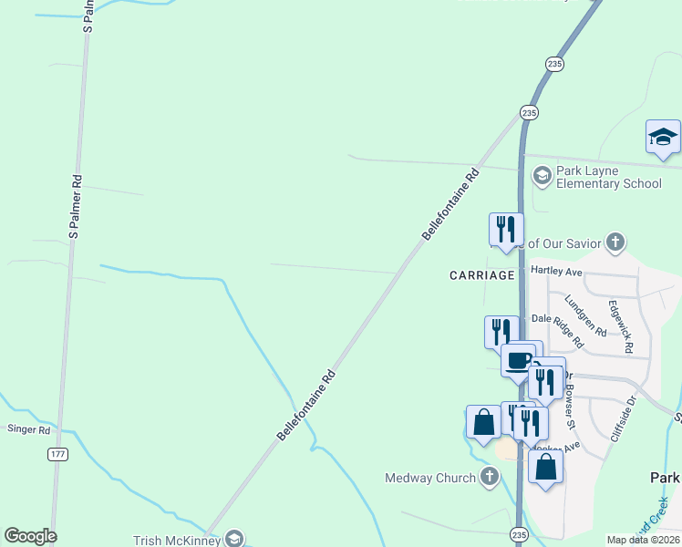 map of restaurants, bars, coffee shops, grocery stores, and more near 9048 Bellefontaine Road in New Carlisle