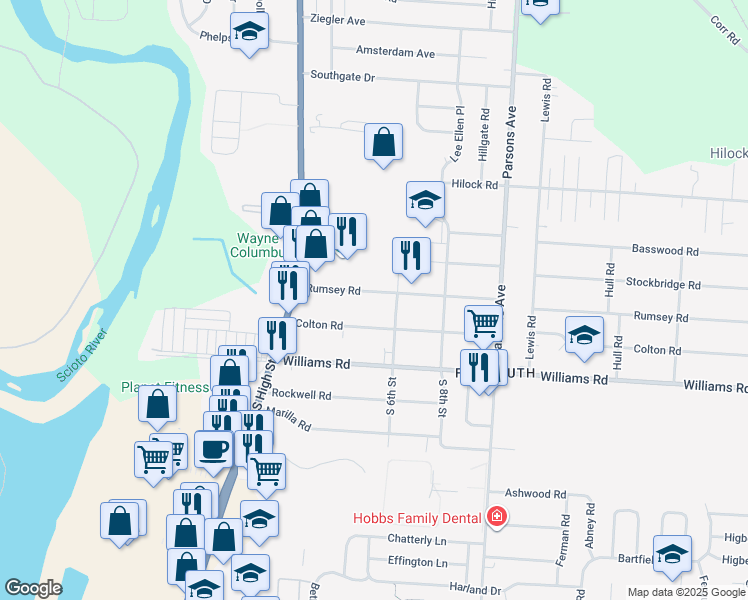 map of restaurants, bars, coffee shops, grocery stores, and more near 131 Rumsey Road in Columbus