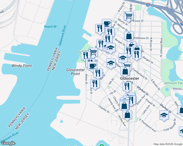 map of restaurants, bars, coffee shops, grocery stores, and more near 314 Jersey Avenue in Gloucester City