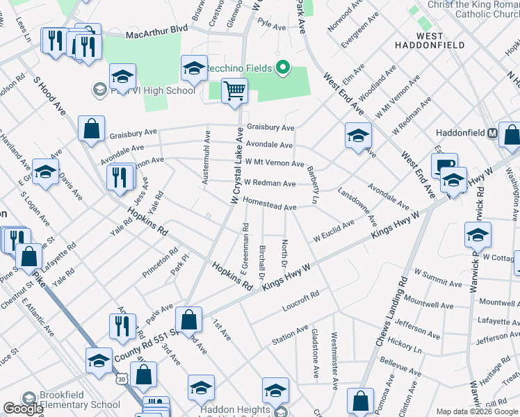 map of restaurants, bars, coffee shops, grocery stores, and more near 330 Homestead Avenue in Haddonfield