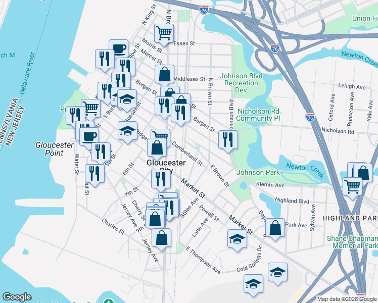 map of restaurants, bars, coffee shops, grocery stores, and more near 803 Cumberland Street in Gloucester City