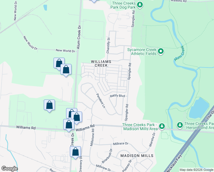 map of restaurants, bars, coffee shops, grocery stores, and more near 3801 Bill of Rights Square in Columbus