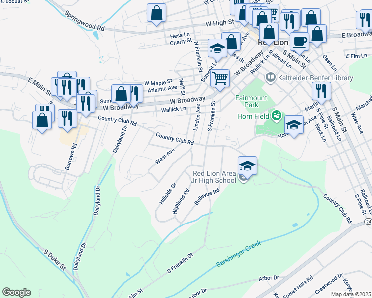 map of restaurants, bars, coffee shops, grocery stores, and more near 208 Linden Avenue in Red Lion