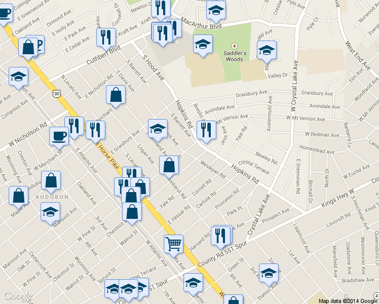 map of restaurants, bars, coffee shops, grocery stores, and more near 200 E Pine St in Audubon