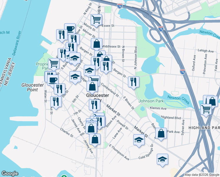 map of restaurants, bars, coffee shops, grocery stores, and more near 803 Cumberland Street in Gloucester City