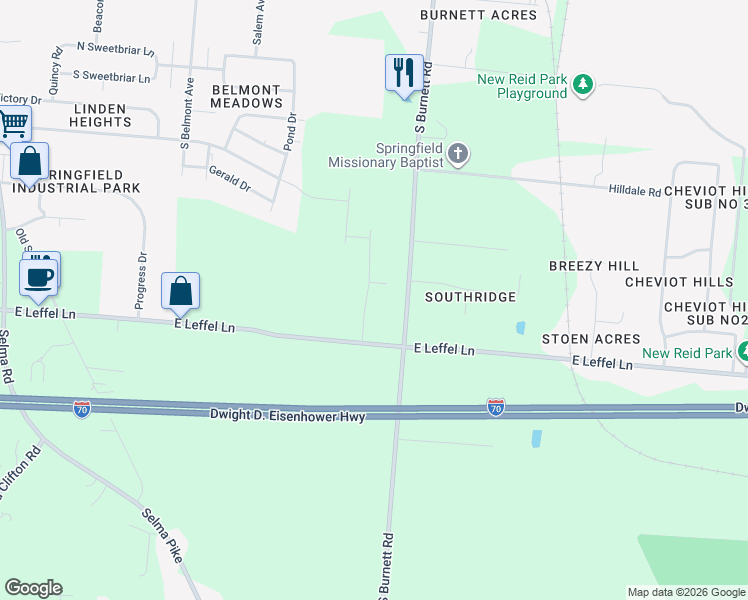 map of restaurants, bars, coffee shops, grocery stores, and more near 2212 South Burnett Road in Springfield