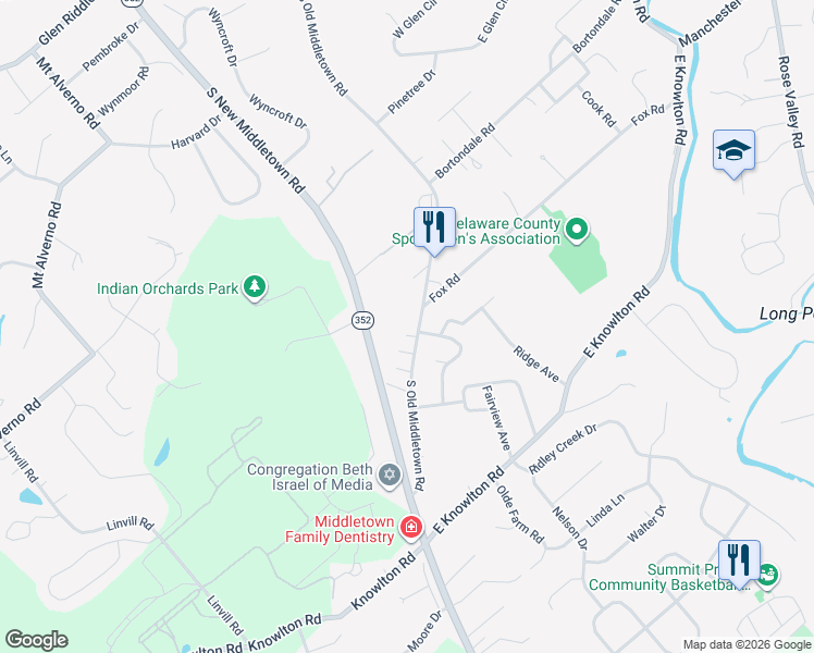 map of restaurants, bars, coffee shops, grocery stores, and more near 500 South Old Middletown Road in Media