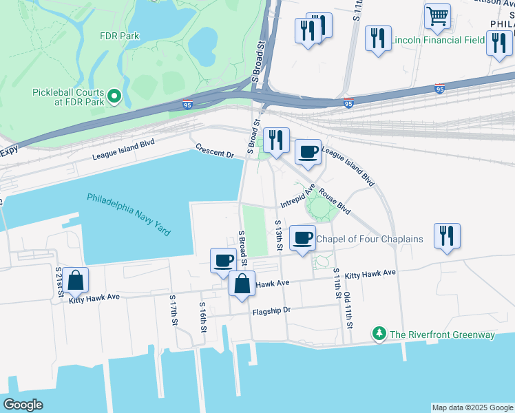 map of restaurants, bars, coffee shops, grocery stores, and more near Intrepid Avenue in Philadelphia