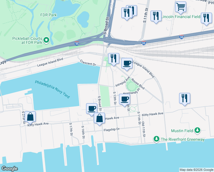 map of restaurants, bars, coffee shops, grocery stores, and more near Intrepid Avenue in Philadelphia
