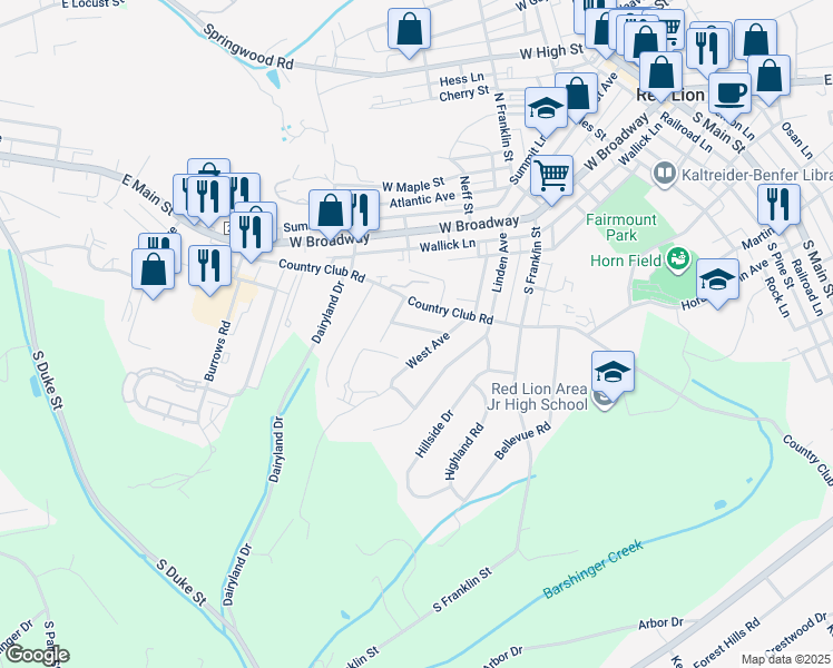 map of restaurants, bars, coffee shops, grocery stores, and more near 635 Magnolia Avenue in Red Lion
