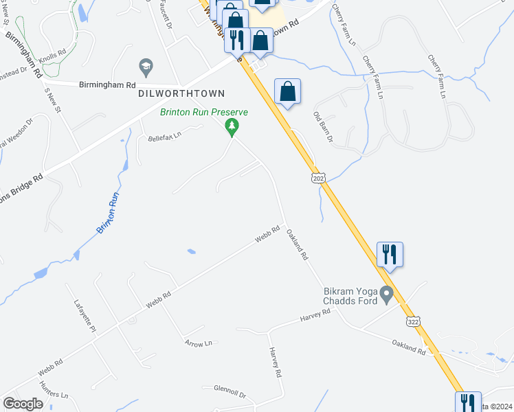 map of restaurants, bars, coffee shops, grocery stores, and more near 40 Oakland Road in West Chester