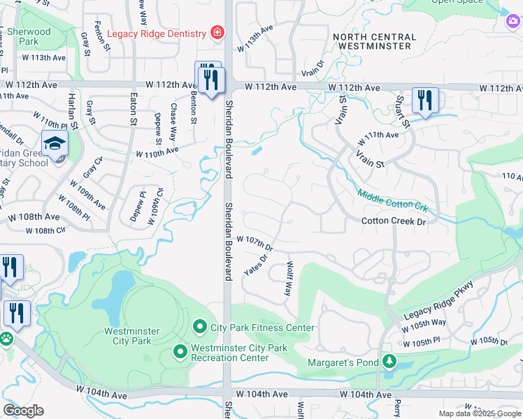 map of restaurants, bars, coffee shops, grocery stores, and more near 5027 West 108th Circle in Westminster