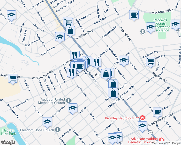 map of restaurants, bars, coffee shops, grocery stores, and more near 34 Dowling Avenue in Audubon