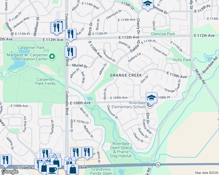map of restaurants, bars, coffee shops, grocery stores, and more near 10934 Birch Drive in Thornton