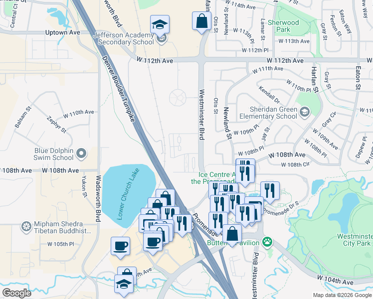 map of restaurants, bars, coffee shops, grocery stores, and more near 6963 West 109th Avenue in Westminster